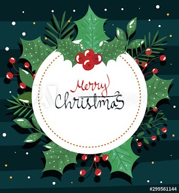 merry christmas card with frame circular and decorative leafs design