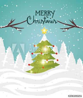 merry christmas card with pine tree in winter scene design