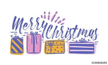 Merry Christmas holiday wish written with cursive calligraphic font and decorated by row of gift boxes