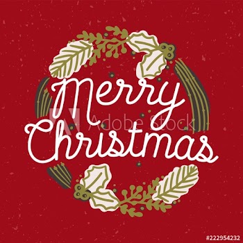 Merry Christmas inscription handwritten with elegant cursive font inside wreath or round frame made of coniferous tree branches and holly plants