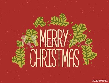 Merry Christmas inscription written with elegant font and decorated by coniferous tree branches or fir needles