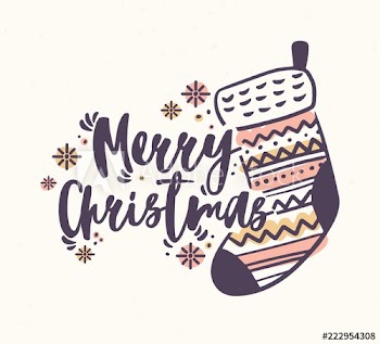 Merry Christmas lettering handwritten with elegant calligraphic script and decorated with knitted stocking or sock and snowflakes