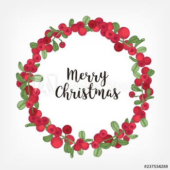 Merry Christmas lettering inside holiday wreath or circular garland made of lingonberries