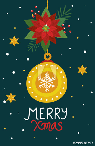 merry christmas poster with ball decorative and flowers design