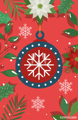 merry christmas poster with ball decorative and flowers design
