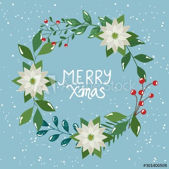 merry christmas poster with crown of leafs and flowers design