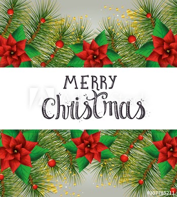 merry christmas poster with decorative flowers design