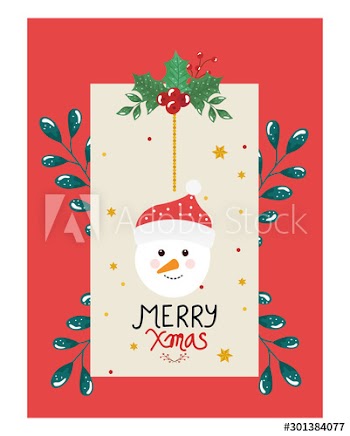 merry christmas poster with face snowman and leafs decorative design