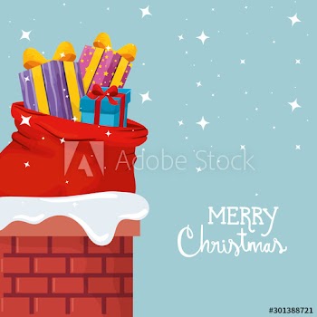 merry christmas poster with gift boxes and bags presents in chimney design
