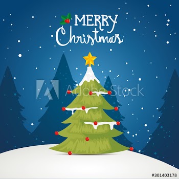 merry christmas poster with pine tree in winter landscape design