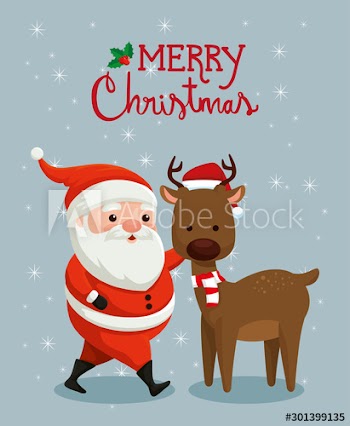 merry christmas poster with santa claus and reindeer design