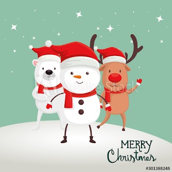 merry christmas poster with snowman and animals design