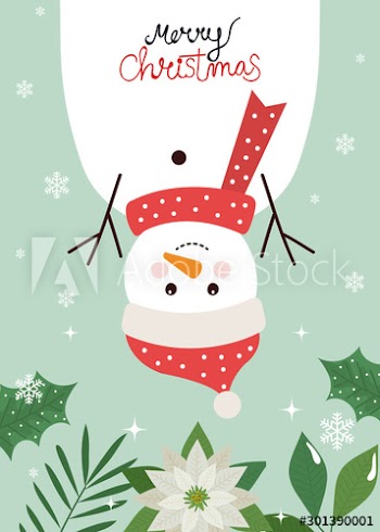 merry christmas poster with snowman and leafs decorative design