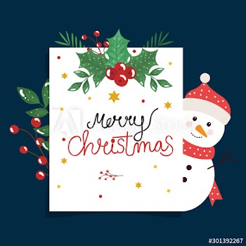 merry christmas poster with snowman and leafs decorative design