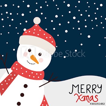 merry christmas poster with snowman in winter landscape design
