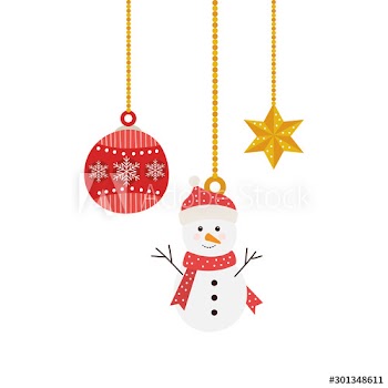 merry christmas snowman with ball and star hanging design