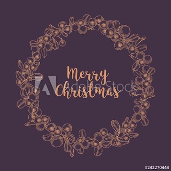 Merry Christmas wish inside wreath or circular garland made of lingonberries drawn with contour lines on dark background