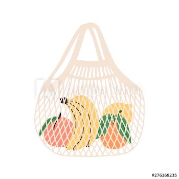 Mesh or net bag full of fruits isolated on white background