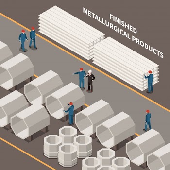 Metal industry isometric composition with workers and metallurgical products 3d vector illustration Free Vector
