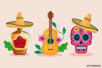 Mexican tequila bottle skull with hat and guitar design