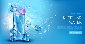 Micellar water cosmetic bottle with ice cubes, aqua splashes on blue Free Vector