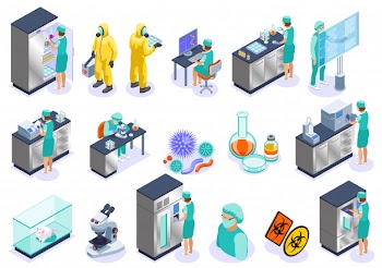 Microbiology isolated isometric icon set with science employers microscope laboratory and biochemistry illustration Free Vector