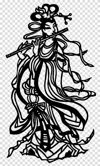 Mid-Autumn Festival Papercutting Change , Folk paper-cut flying immortal flute transparent background PNG clipart