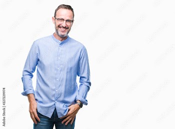 Middle age hoary senior man wearing glasses over isolated background with a happy and cool smile on face. Lucky person.