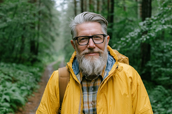 Middle-Aged Hiker in Lush Forest