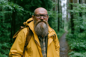 Middle-Aged Man Hiking in a Lush Forest