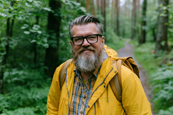 Middle-Aged Man Hiking in Forest