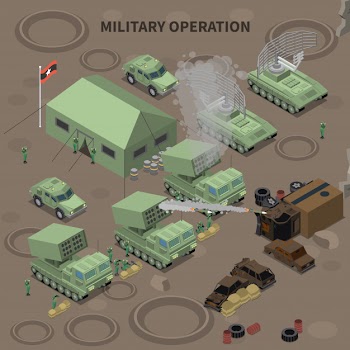 Military operation isometric composition with  tent for soldiers radar installation and rocket launchers Free Vector