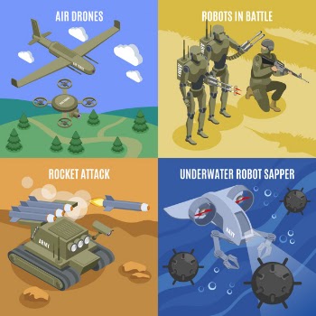 Military robots in battle 2x2 concept with air drones rocket attacks underwater robot sapper isometric icons Free Vector