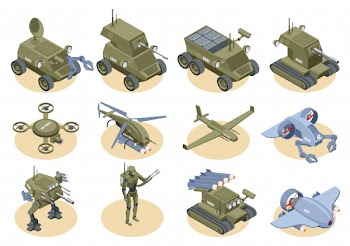 Military robots isometric icons set of underwater robot sapper air drones shooter tanks and trucks isolated Free Vector