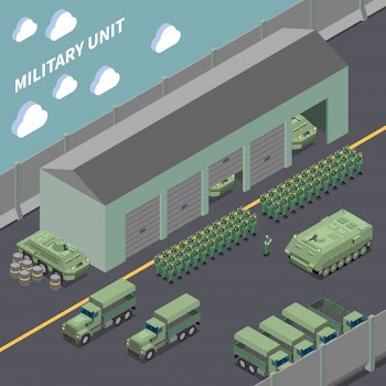 Military unit isometric composition with army trucks infantry fighting vehicles and soldiers  in the ranks Free Vector
