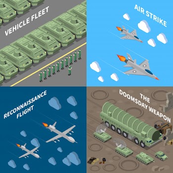 Military vehicles 2x2 design concept set of  vehicle fleet reconnaissance flight air strike doomsday weapon square icons isometric Free Vector