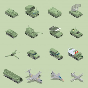 Military vehicles isometric set with tank cannon  rocket launcher jet fighter self propelled howitzer isolated icons Free Vector