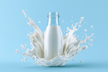 Milk Splash with Glass Bottle on Blue Background