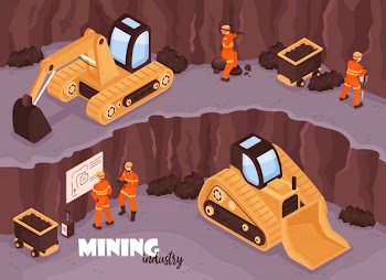 Mine industry background with characters of workers in uniform open mine scenery with excavators and text  illustration Free Vector