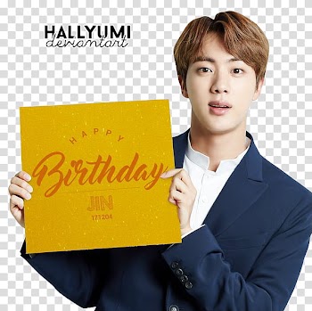 MINI Jin Birthday, man holding happy birthday poster transparent background PNG clipart