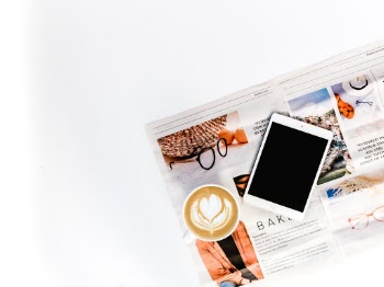 Minimal Flatlay with Coffee, Newspaper and Tablet