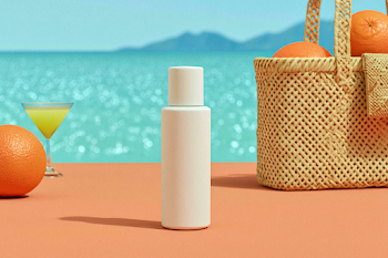 Minimal Summer Beach Still Life with Sunscreen and Oranges