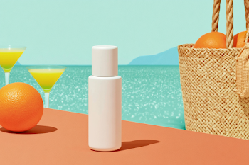 Minimal Summer Beach Still Life with Sunscreen and Tropical Elements