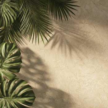 Minimal Tropical Flat Lay with Palm Fronds and Monstera Leaves