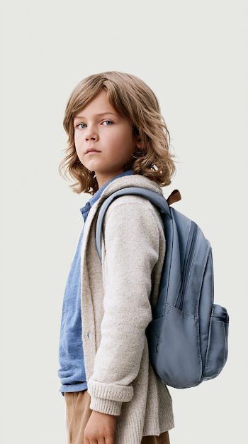 Minimalist Back to School Portrait of Child with Backpack