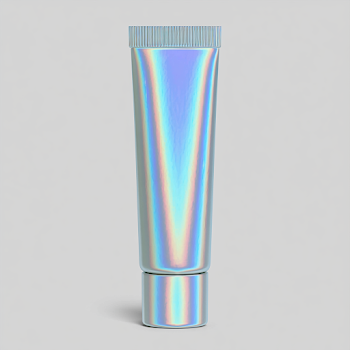 Minimalist Iridescent Cosmetic Squeeze Tube on Light Gray Background