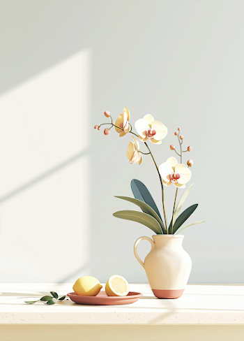 Minimalist Kitchen Still Life with Orchids and Lemons