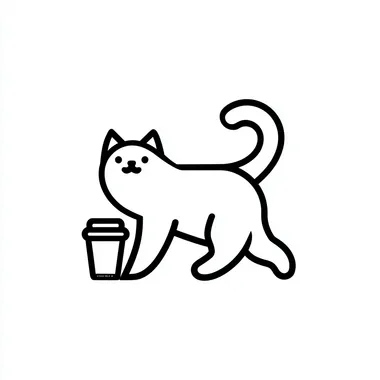 Minimalist Line Art Logo of a Playful British Shorthair Cat with Coffee Cup