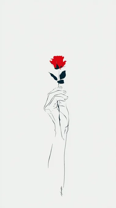 Minimalist Line Drawing of a Woman's Hand Holding a Red Rose Minimalist Line Drawing of a Woman's Hand Holding a Red Rose
