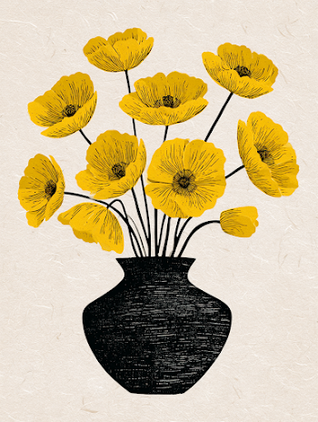 Minimalist Linocut Bouquet of Yellow Poppies
